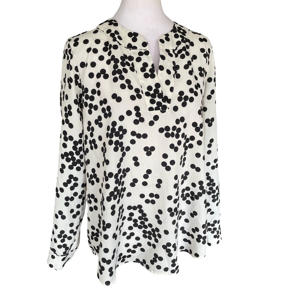 Ann Taylor White with Black Polka Dot Long Sleeve Blouse Womens Large Petite